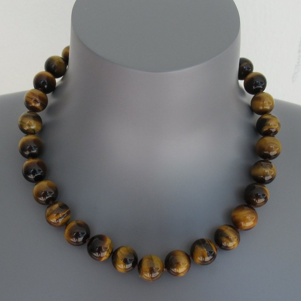 Genuine Natural Brown Tiger Eye Necklace 12mm Tiger's Eye Beads Hand Knotted 16"